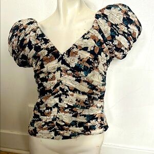 Abercrombie and Fitch Floral Puff Sleeve V-Neck Women's Top - Black/Beige